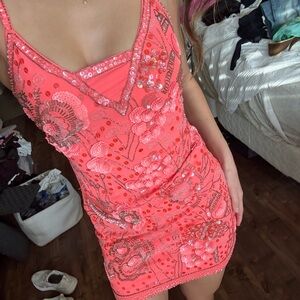 Yoana Baraschi Vibrant Coral Sequin Mini Dress